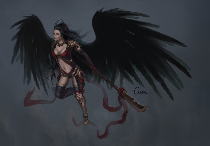 art, weapons, fallen angel, black wings, 2K, background, look, girl