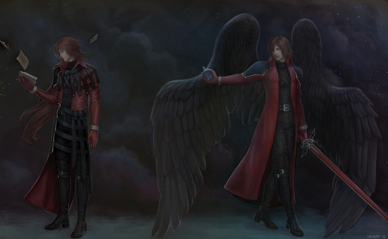 fallen angel, hair, performing arts event, hairstyle, red coat, Fantasy, stage, arts culture and entertainment, standing, dark wings, young adult, performance