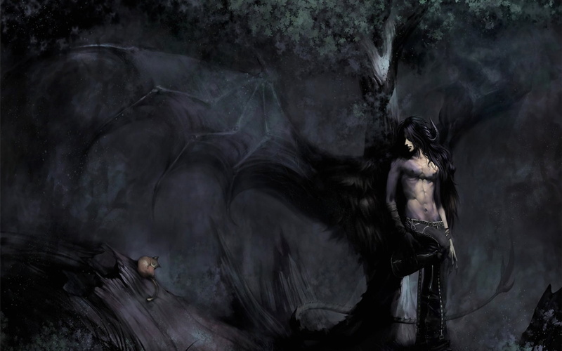 creature, mood, paintings, fantasy, demon, fallen, anime, Trees, monster, art, 1080P, nature, men, Dark, forest, boy, angel, males