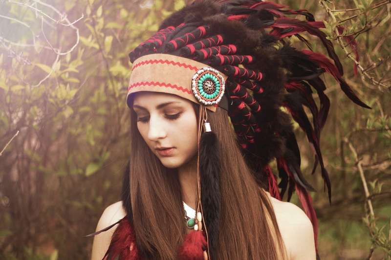 headdress, long hair, headshot, beautiful woman, looking, portrait, outdoors, front view, hair, feathers, teenager, young women, young adult, 1080P, lifestyles