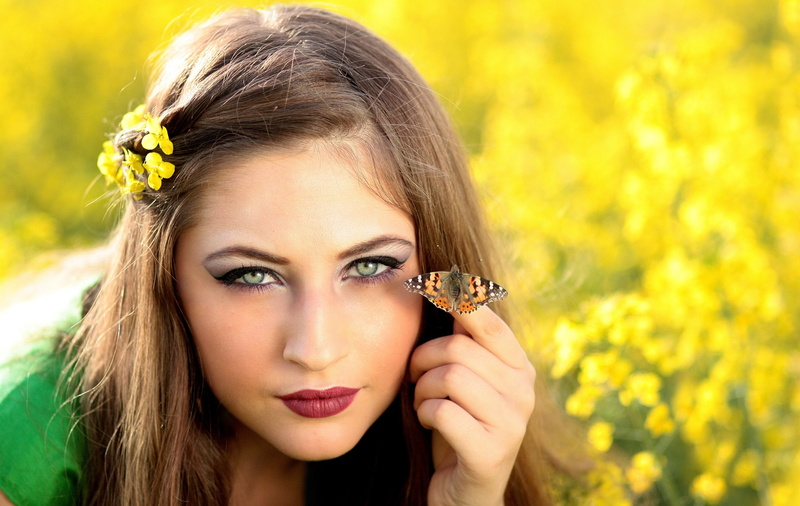 hand, flowering plant, green, 4K, young women, looking at camera, flowers, one person, wearing, black, hairstyle, young Adult, long hair, human Face, women