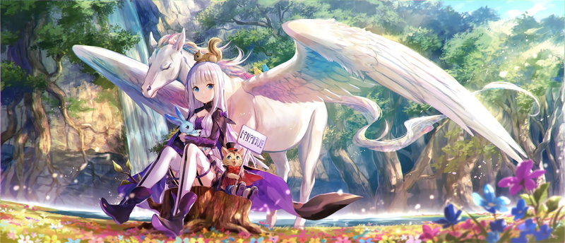 multi colored, Kenja no Deshi o Nanoru Kenja, rabbits, wings, outdoors, purple hair, close-up, cat, water, animal, smiling, representation, stockings, flowers