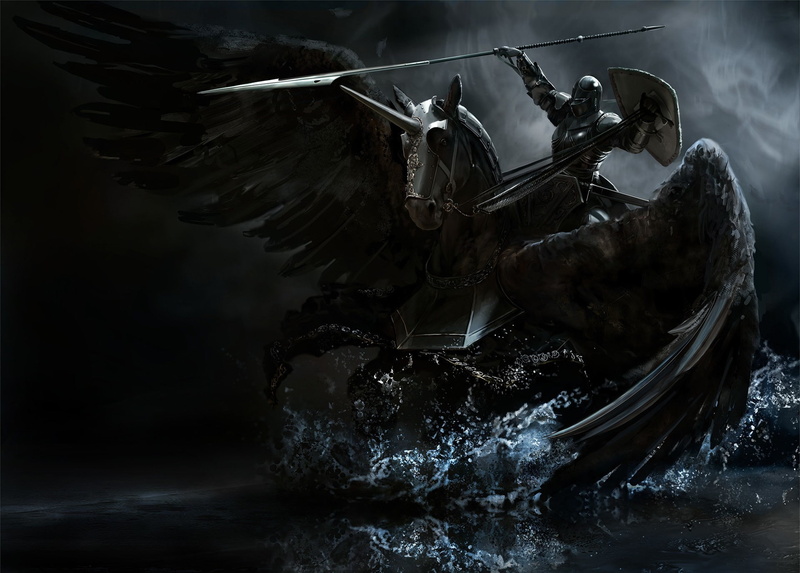 Horse, knight, spear, black, wings, weapons, 1080P, armor