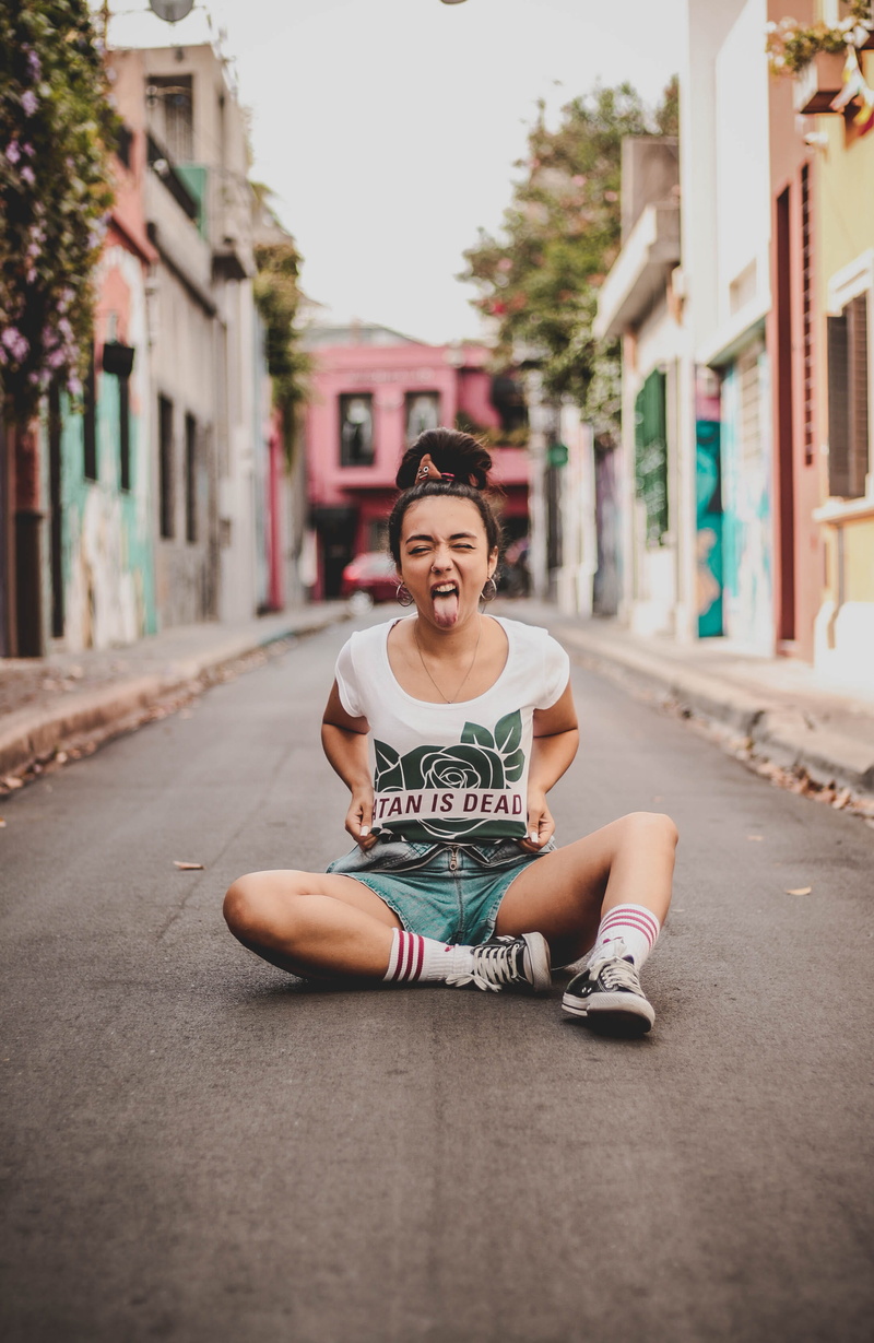 messy bun, young women, bandana, leisure activity, creative, building exterior, architecture, socks, unique portrait, city, t-shirt design, smiling, happiness