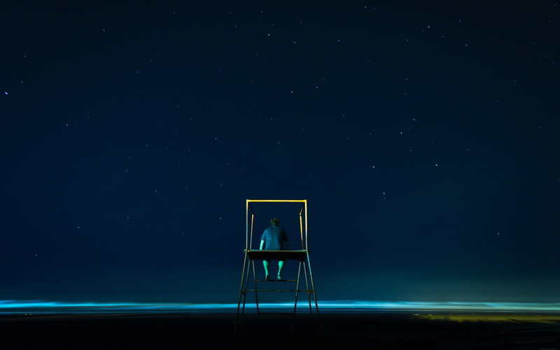 design, astronomy, tranquility, star - space, beauty in nature, land, one person, sky, ladder, horizon, deep, space, milky way, tranquil scene, water, seat