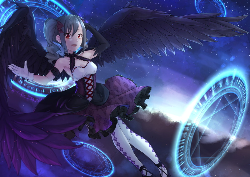 720P, anime, long hair, night, red eyes, Kanzaki Ranko, gray hair, wings, open shirt, anime girls