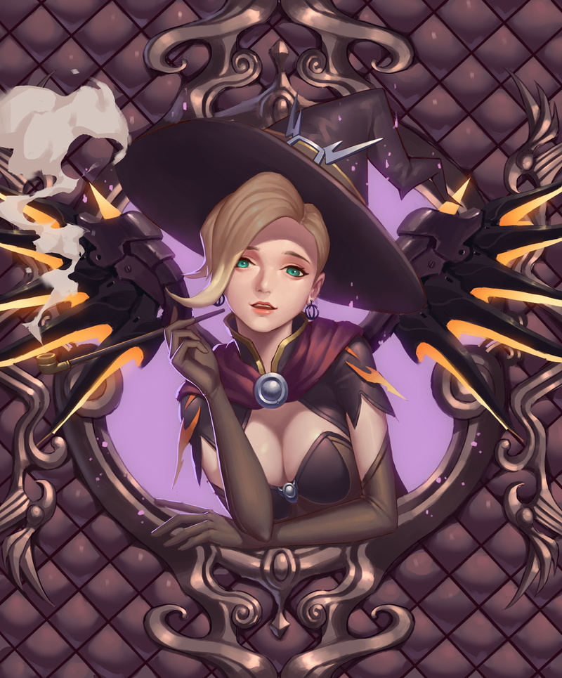 wings, Mercy (Overwatch), Overwatch, anime girls, open shirt, smoking, witch, anime, Halloween, short hair, 2K, aqua eyes, witch hat, blonde