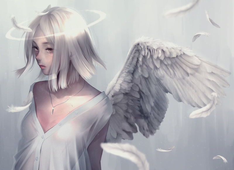 girl, fantasy, 1080P, fantasy art, anime, feathers, fantasy girl, wings, necklace, Angel, digital art, shirt, artwork, anime girl