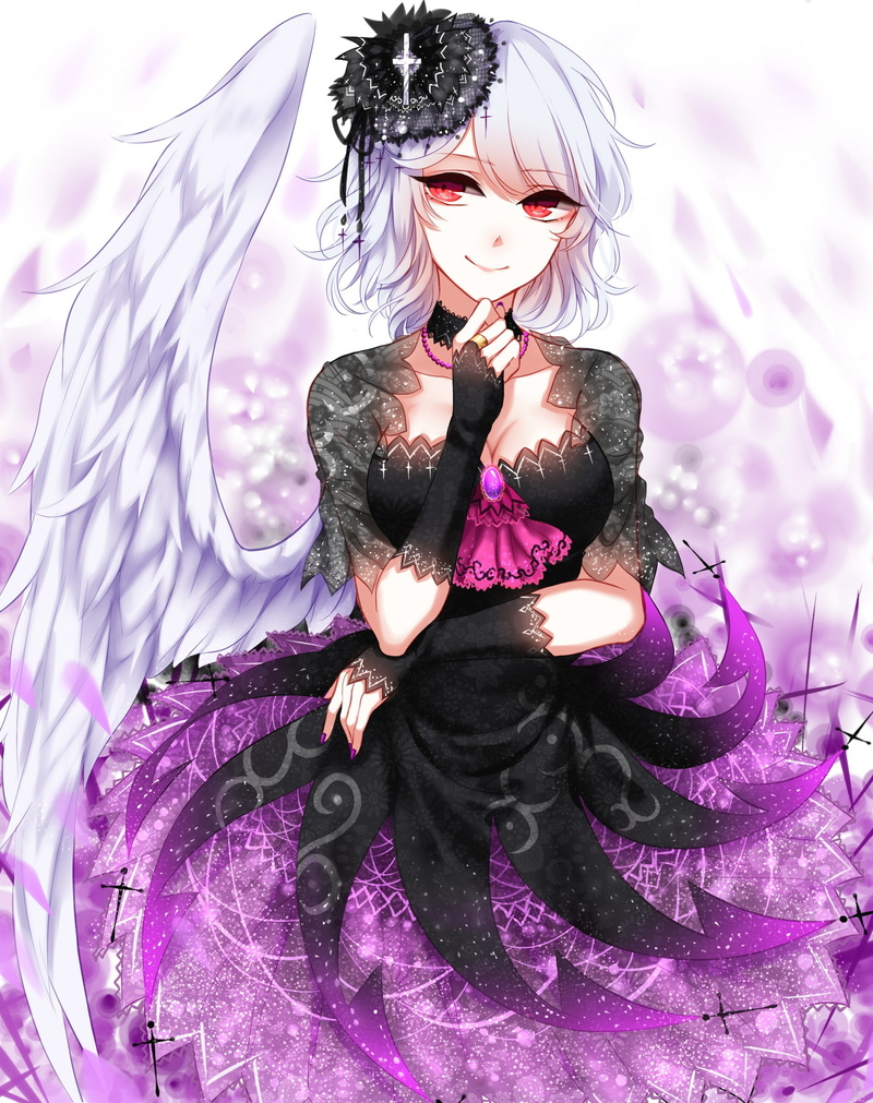 wings, cleavage, short hair, Kishin Sagume, white hair, lolita fashion, red eyes, Touhou, 1080P, anime girls, open shirt, anime, dress