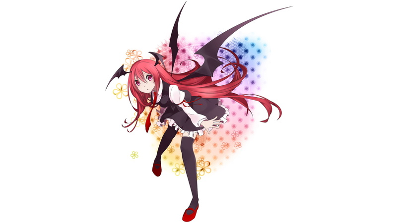 pink eyes, long hair, Touhou, zettai ryouiki, shirt, skirt, anime girls, wings, redhead, thigh-highs, simple background, 2K, Koakuma