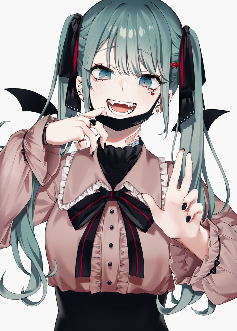 black nails, Heart (Tattoo), blushing, fangs, bangs, vertical, pink shirt, black ribbons, anime girls, frills, vampires, twintails, watch, Vocaloid, solo