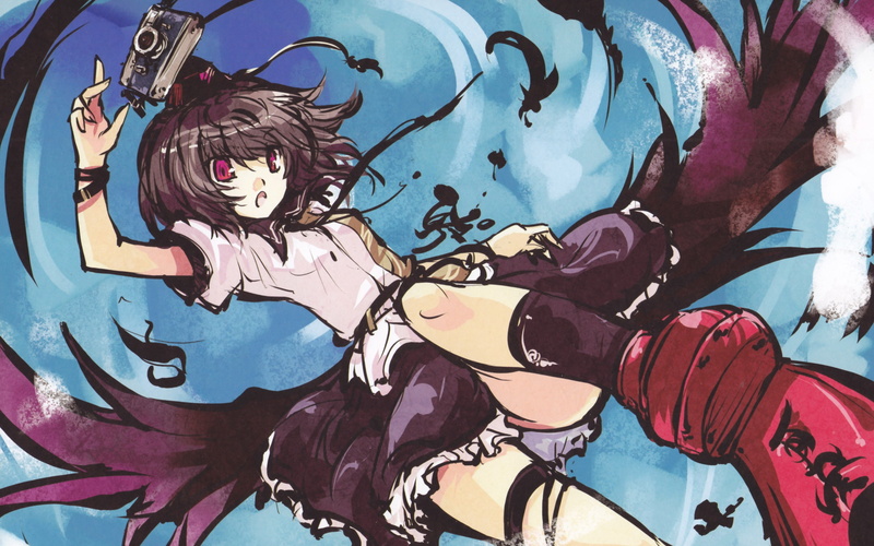 touhou, short, mouth, shirts, red, games, hair, hat, tie, shameimaru, aya, garters, hats, eyes, skyscapes, geta, flying, tengu, cameras, brunettes, open