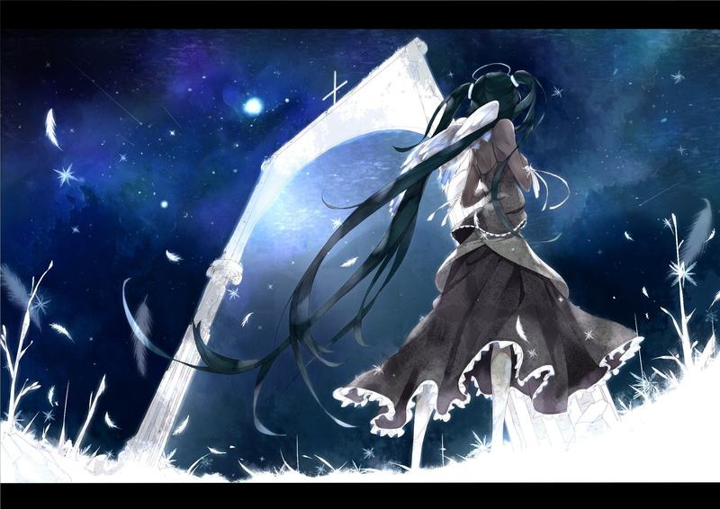 archways, skies, hatsune, bare, anime, blue, girls, miku, shirts, stars, twintails, night, shoulders, long, wings, skirts, hair, vocaloid, 1080P, feathers