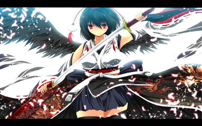 touhou, katana, hair, black, thighhighs, shirt, weapon, nekominase, wings, aya, autumn, shameimaru, sword, ribbons, hat, red, 1080P, eyes, skirt, petals