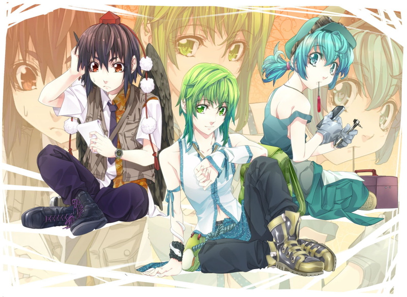 eyes, wings, hair, touhou, short, goggles, green, ponytail, aqua, layer, long, red, hat, skirt, zoom, tie, 720P, navel, shirt, boots