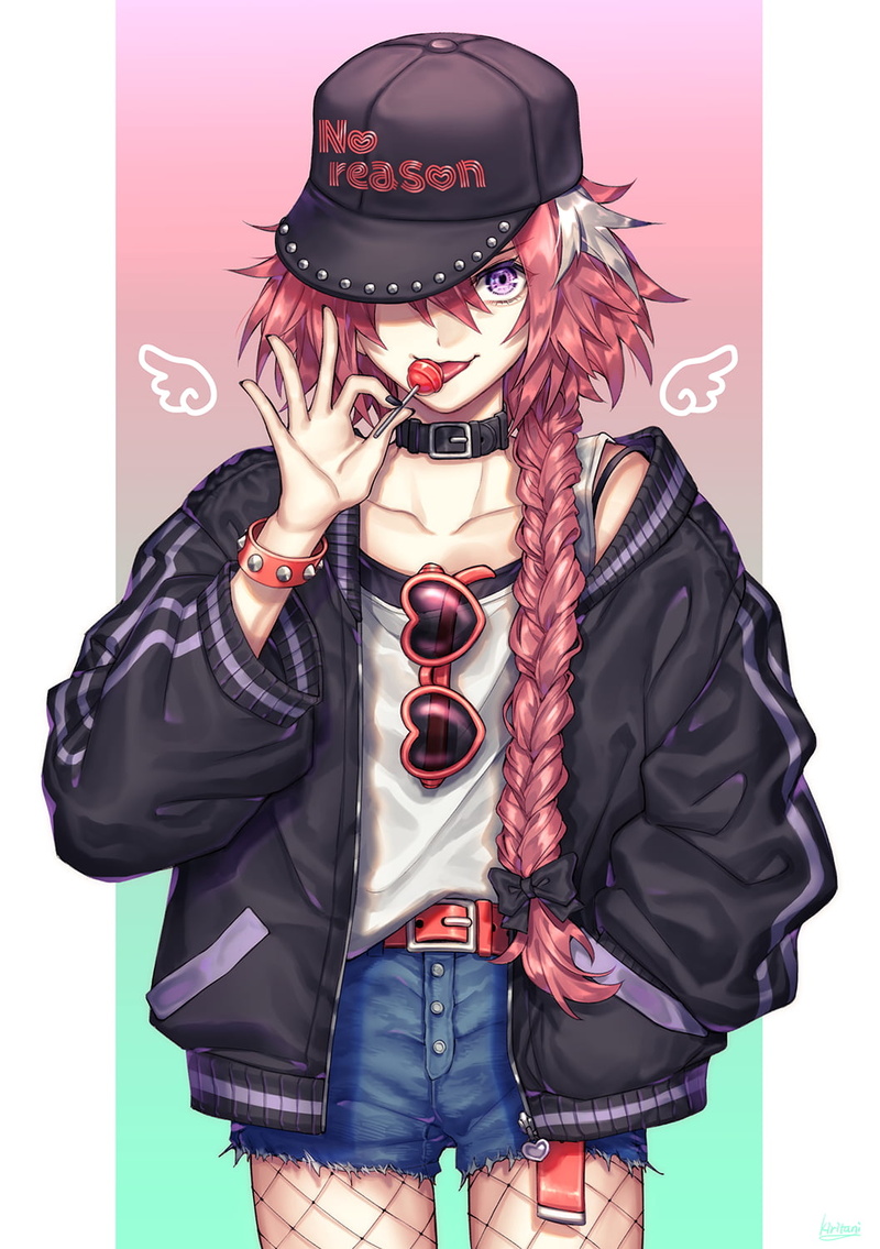 Fate/Grand Order, pink hair, black hat, alternate outfit, standing, long hair, hair in face, anime, casual, jean shorts, lolipop, slender, 720P, bangs