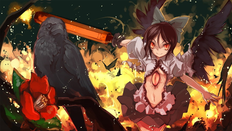 animals, fire, flowers, weapons, women, destruction, skirts, brunettes, art, touhou, shirt, open, wings, 720P, short, hd, birds
