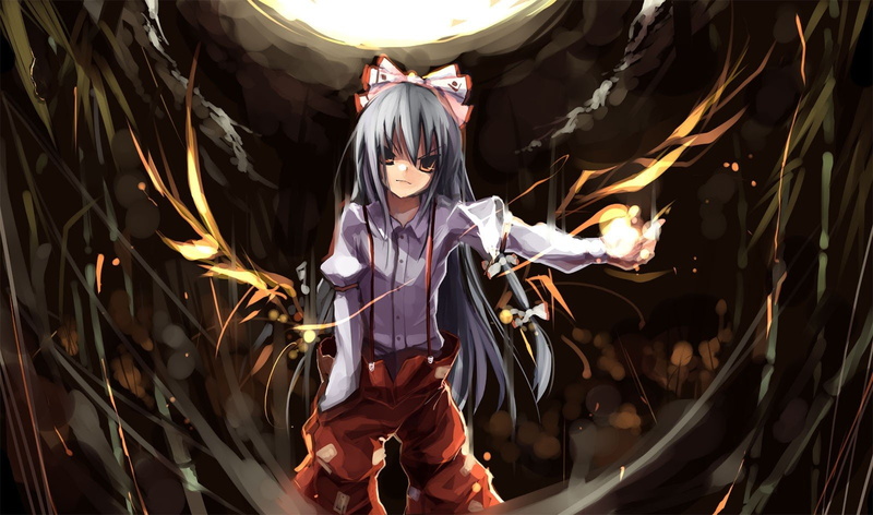 suspenders, touhou, orange, mokou, wings, moon, bamboo, white, bows, pants, shimadoriru, hair, women, games, ornaments, fire, long, shirts, video, fujiwara