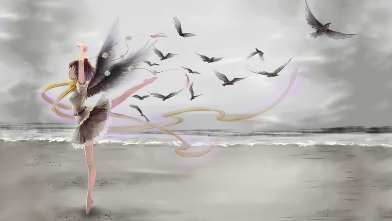 anime girls, 1080P, sea, black hair, Touhou, skirt, shirt, hat, red eyes, beach, Shameimaru Aya, short hair, birds, wings
