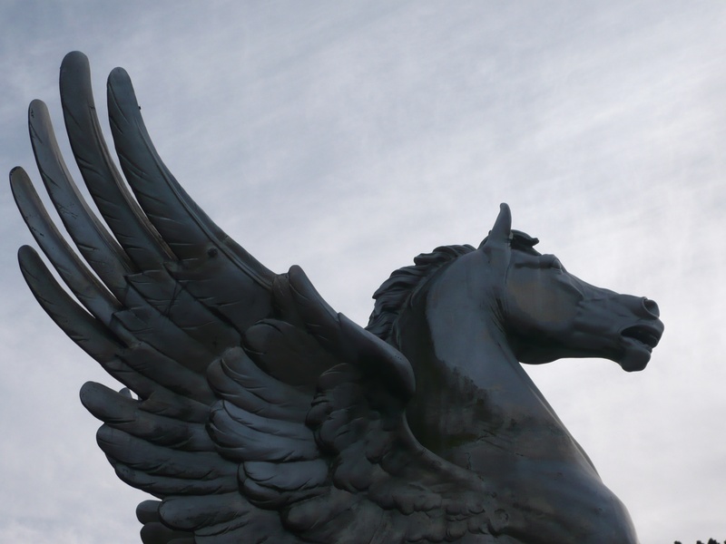fairy tales, fluegelross, art and craft, cloud - sky, day, pegasus, human representation, winged horse, religion, statue, sculpture, 2K, carving - craft product