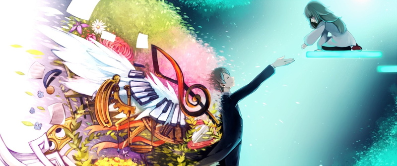 Green Hair, Girl, Piano, 1080P, Flower, Video Game, Deemo, Colorful, Smile, Long Hair