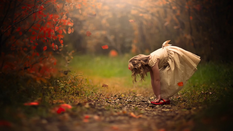 blonde, one person, adult, girl, hairstyle, standing, real people, plant, 1080P, full length, prom, dress, selective focus, s, nature, autumn, little girl