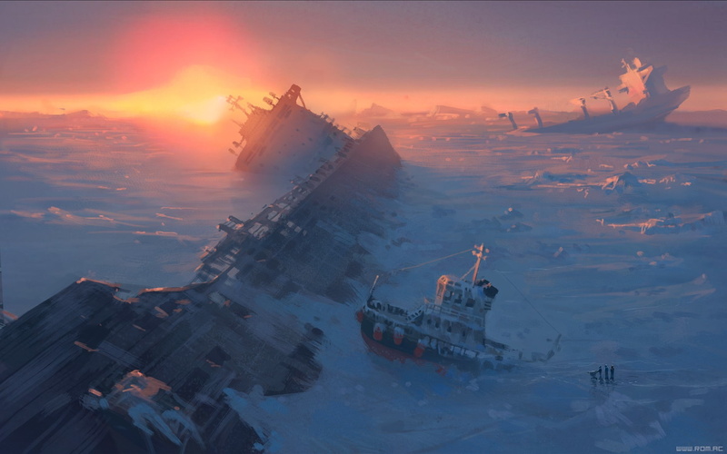sunset, apocalyptic, frost, Vitaly S Alexius, ice, sea, ship, 1080P, shipwreck