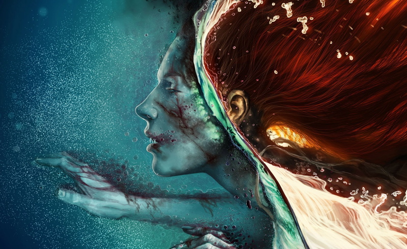 women, split view, bubbles, redhead, water, 1080P, Romantically Apocalyptic, Vitaly S Alexius, fantasy art, fantasy girl