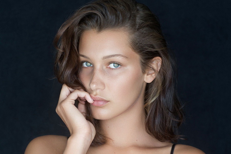 face, brunette, women, 720P, Bella Hadid, blue eyes, long hair, simple background, freckles