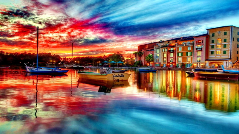 lights, isabella, 1080P, sunset, river, boats, city