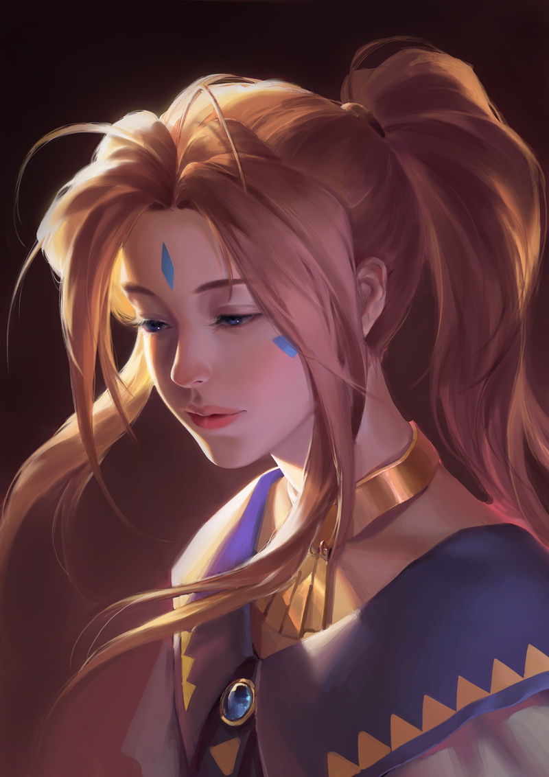 Ah! My Goddess!, ponytail, simple background, fantasy girl, Belldandy, fan art, digital art, vertical, 2D, long hair, anime, brown background, anime girls