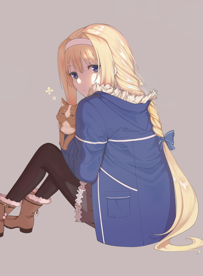 digital art, blond hair, fan art, simple background, Alice Zuberg, Alice (Sword Art Online: Alicization), latte, cats, long hair, 1080P, black stockings