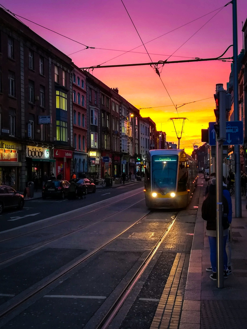 transportation, evening, railroad track, city street, dusk, transport, land vehicle, sunset, outdoors, 4K, sky, dublin, rail transportation, ireland, luas