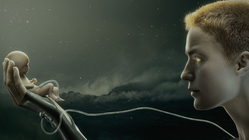 Amanda Collin, latex, baby, 1080P, Mother, TV Series, hand gesture, clouds, series, Raised by Wolves, HBO, science fiction