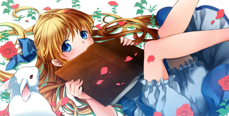 long, original, eyes, alice, estrella, wonderland, petals, blush, flowers, bloomers, rose, book, rabbit, 720P, ycco, blonde, hair, animal, blue