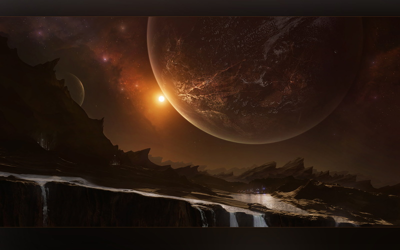 hd, starlight, alien, space, stars, planet, landscape, waterfall, 1080P
