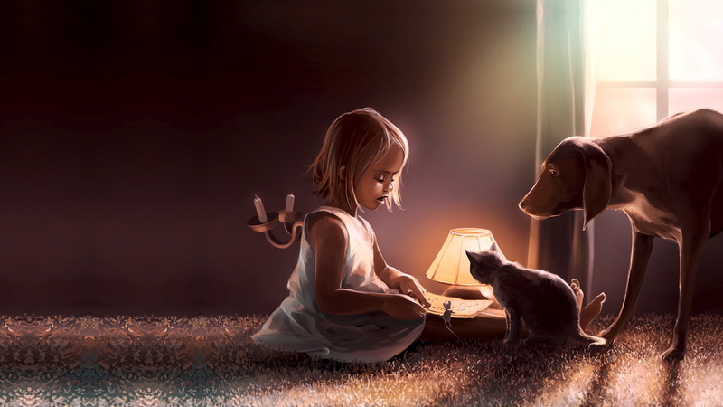 cat, 1080P, friends, book, Cyril Rolando, the game, the evening, childrens, Coexistence, dog, mouse, art, tale
