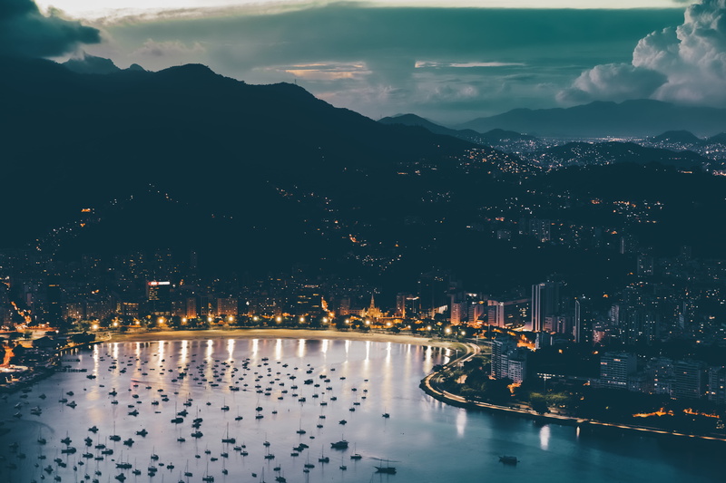 seashore, river, bridge, view, outdoors, transportation, building, cloud - sky, dock, noite, illuminated, pier, panoramic, aerial view, botafogo, rio de janeiro