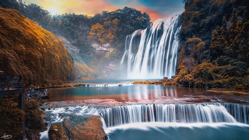 Guizhou, Huangguoshu Waterfall, 1080P, rocks, waterfall, China, dawn