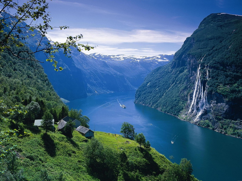 Ship, River, Landscape, Fjord, Mountains, House, Norway, Waterfalls, 1080P