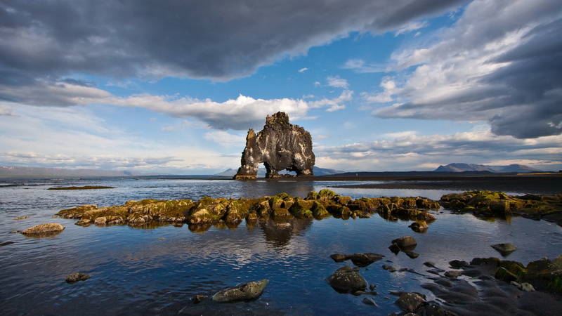 rock - object, 4K, beach, rock formation, reflection, nature, rock, outdoors, solid, day, sky, no people, stack rock, tranquility, land, sea, cloud - sky