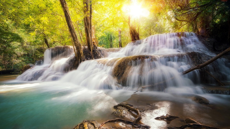 rock - object, flowing, beauty in nature, huay mae kamin waterfall, waterfall, idyllic, flowing water, kanchanaburi, outdoors, huay maekamin waterfall
