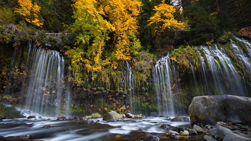 mossbrae falls, united states, water, body of water, tree, autumn colors, stream, nature, california, autumn, 4K, chute, waterfall