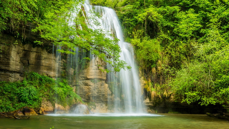 spain, catalonia, stream, waterfall, cascade, green, tree, water, chute, 4K