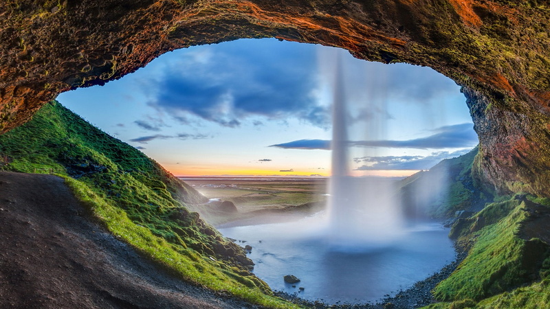 outdoors, landscape, chute, non-urban scene, plant, long exposure, waterfall, seljalandsfoss, iceland, rock formation, no people, scenics - nature, motion