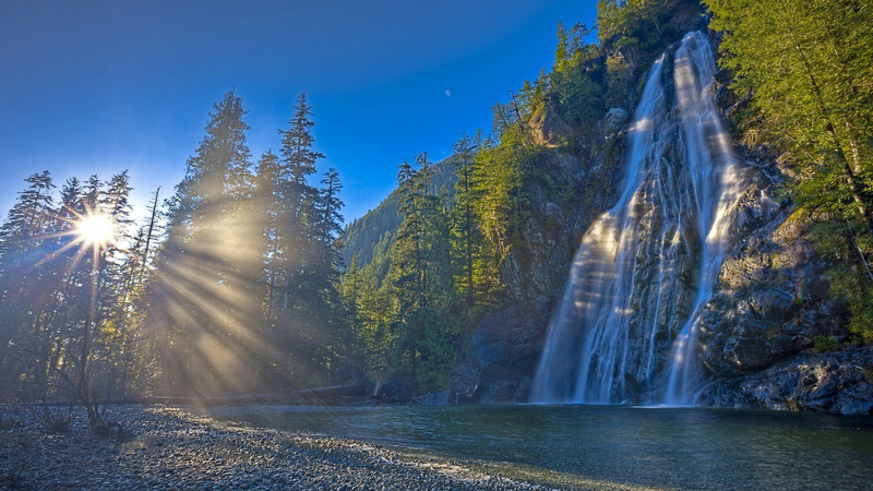 nature, water, sunlight, landscape, 1080P, waterfall, sky, sunshine, chute, tree, forest