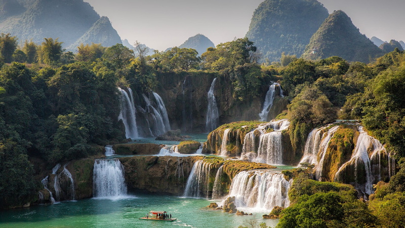 water, lake, boat, trees, Detian Falls, Vietnam, mountains, Quây Sơn River, landscape, 1080P, forest, China