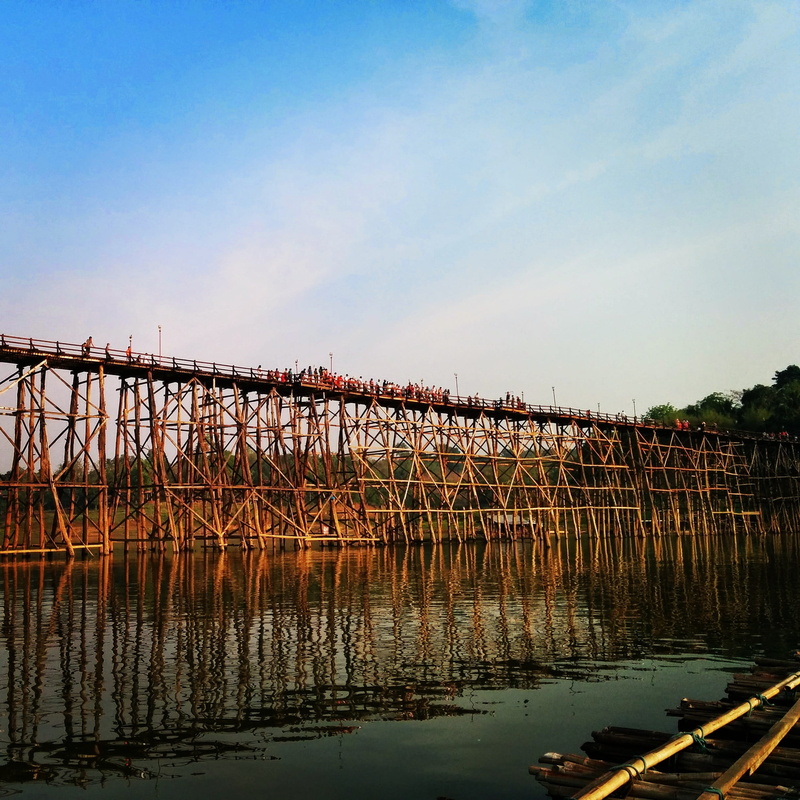 connection, wooden, water, nature, tha town bridge, 1080P, river, plant, day, transportation, clear sky, in the summer, sky, built structure, kanchanaburi