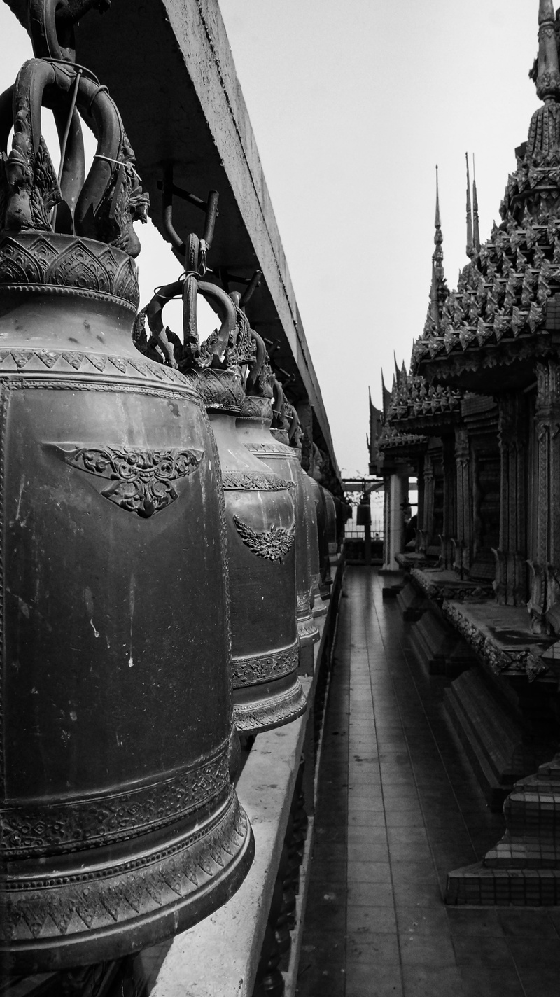 kanchanaburi, spirituality, architecture, day, building exterior, nature, travel, tiger cave temple, outdoors, bell, built structure, old, black and white