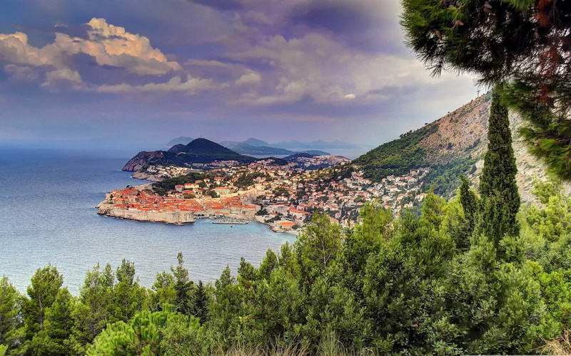 sky, residential district, townscape, trees, cloud - sky, leafed, tree, dubrovnik, coast, mountain, hd, plant, sea, land, nature, day, horizon over water